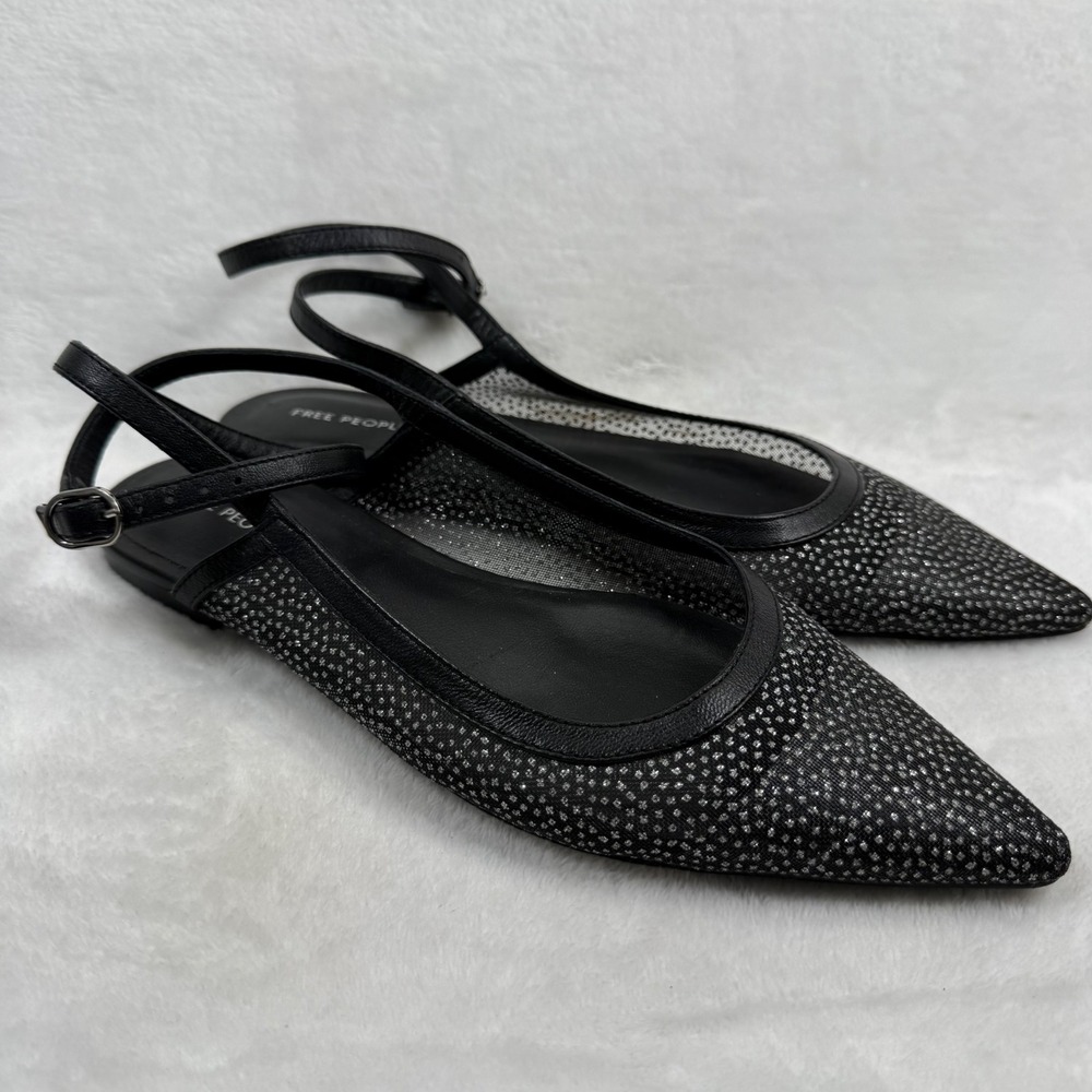 Free‎ People Mesh Pointed Toe Slingback Flats Black Silver Glitter Womens 8